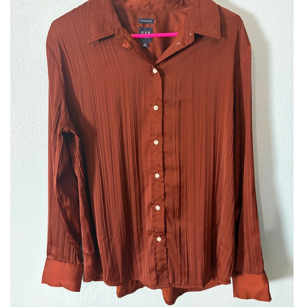 Gap Smoked Paprika Pleated Boyfriend Shirt Satin Button Down Terracotta M Fall
